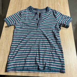 Tea Collection Striped Short Sleeve Henley T-Shirt 100% Cotton Size 14 Blue